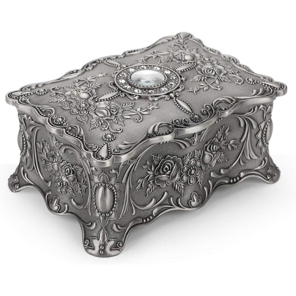 ✨Hipiwe Women Silver Jewelry Box Enameled Trinket Two Layer Treasure Jewelry